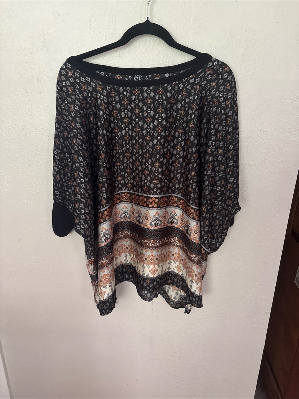 bobeau Black Printed Boho Tunic with Brown & Cream Accents